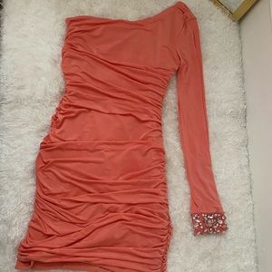 Coral dress, one sleeve with gemstones